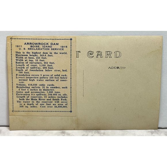 Postcard RPPC Arrowrock Dam Boise ID Idaho c1915 Reservoir Irrigation - Picture 2 of 6